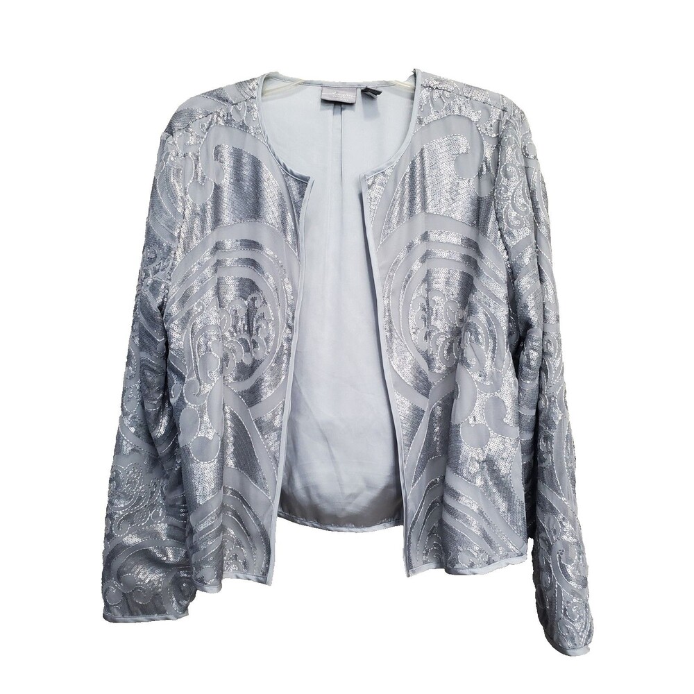 Chico's Silver Sequined Mesh Lined Open Front Jacket Size 2 (Large) Holiday